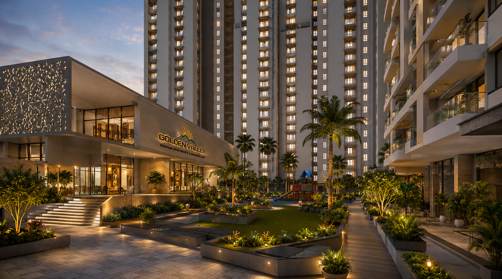 Northstar Golden Valley illuminated towers, landscaped courtyard and clubhouse at dusk